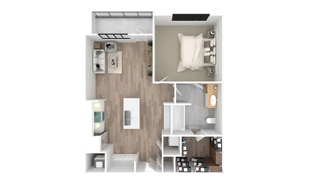 Modern floor plan showcasing a cozy living room, sleek kitchen with island, inviting bedroom, and a well-appointed bathroom.