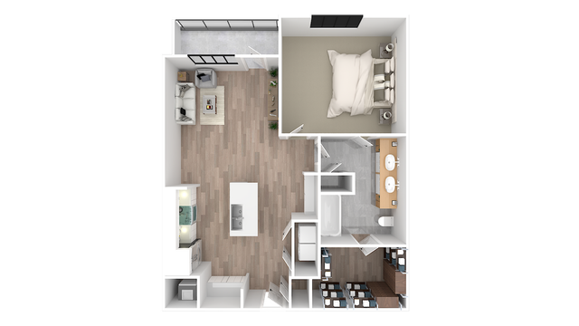 Modern apartment floor plan showcasing a spacious bedroom, sleek bathroom, open-concept kitchen, and cozy living room with balcony access.