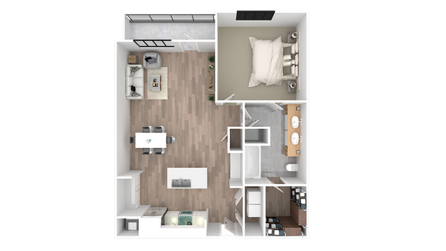 Chic floor plan with modern furniture showcasing 1 bedroom, spacious open living area, elegant dining space, and large bathroom with double sinks.