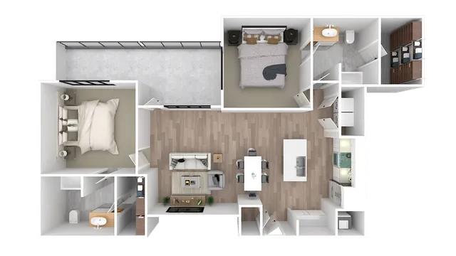 Modern 3D floor plan showcasing 2 bedrooms, spacious open living and dining area, sleek kitchen, and elegant bathroom, perfect for contemporary living.