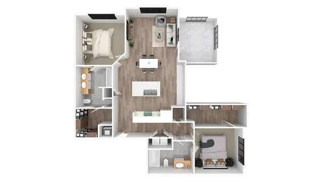 Modern 2D floor plan showcasing 2 spacious bedrooms, elegant open-concept living and dining area, sleek kitchen, and two stylish bathrooms.
