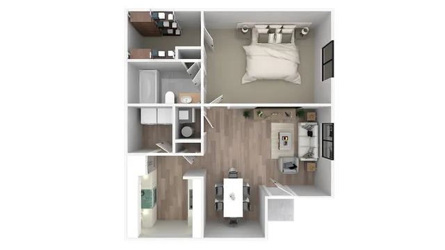 Modern 2D floor plan showcasing a spacious bedroom, sleek bathroom, and open living-dining area with contemporary kitchen design.