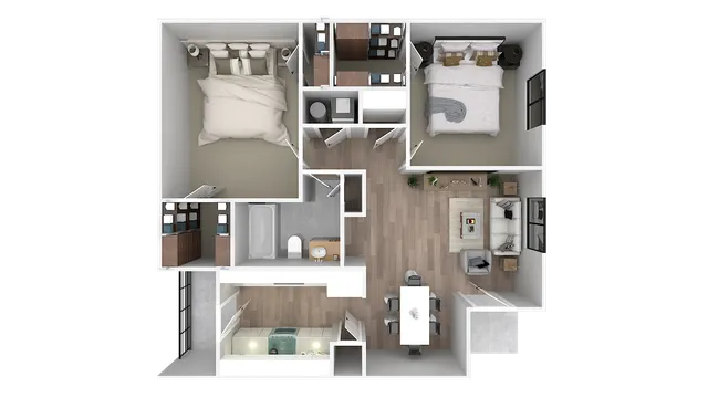Modern 3D floor plan showcasing 2 spacious bedrooms, a sleek open-concept living and dining area, a contemporary kitchen, and a well-designed bathroom.