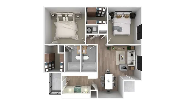 Modern 3D floor plan with two spacious bedrooms, sleek bathroom, inviting living room, and stylish kitchen.