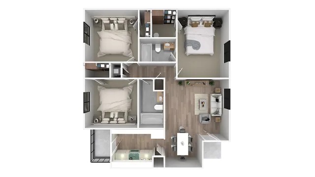 Modern 3D floor plan showcasing 3 cozy bedrooms, an elegant living room, and a sleek kitchen with an open dining area.