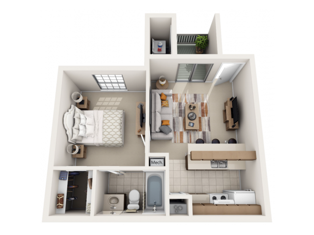Charming floor plan featuring a spacious bedroom, cozy living room, modern kitchen, and well-appointed bathroom with balcony access.