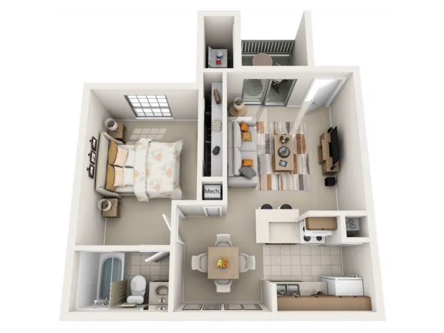 Inviting floor plan showcasing one-bedroom, a cozy living area, modern kitchen, and stylish bathroom, complete with a balcony access for a breath of fresh air.