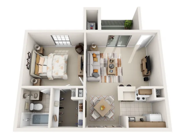 Modern 3D floor plan featuring a cozy 1-bedroom layout with an open-concept living area, stylish kitchen, and private balcony.