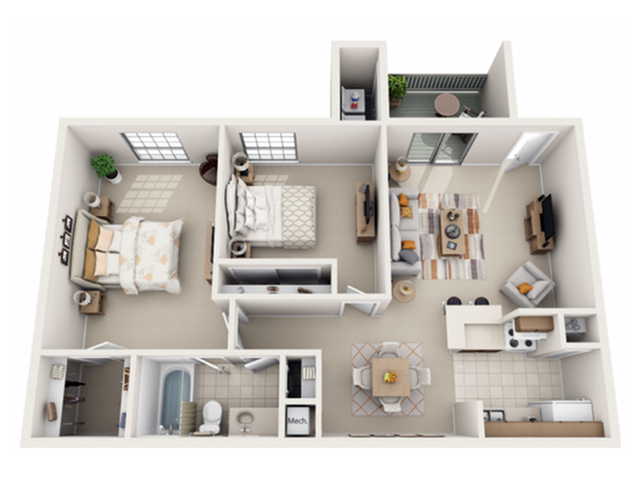 Modern 3D floor plan featuring 2 spacious bedrooms, cozy living room, elegant dining area, open-plan kitchen, and balcony retreat.