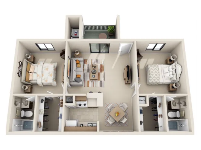 Modern 3D floor plan showcasing 2 bedrooms, open living room with balcony, and contemporary kitchen design, perfect for stylish living.