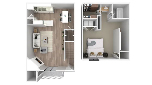 Charming 3D floor plan of a one-bedroom apartment featuring an open-concept living area with a modern kitchen, cozy living space, and a spacious bedroom with ensuite.