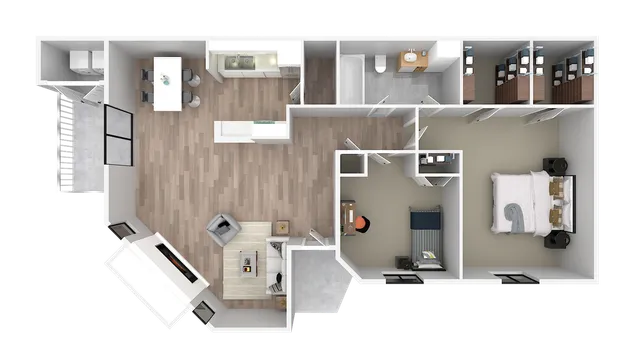Chic floor plan showcasing a spacious 1-bedroom apartment with a modern open-concept kitchen, cozy living area, and stylish bathroom.