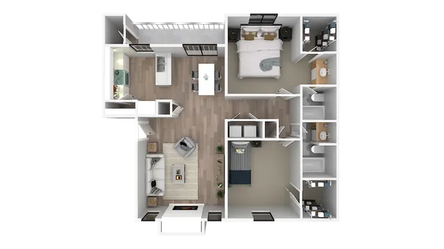 Modern 3D floor plan showcasing a spacious two-bedroom apartment with two bathrooms, open-concept kitchen, and stylish living area.