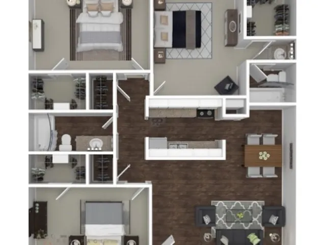 Elegant floor plan showcasing three bedrooms, a modern kitchen with island, spacious open living and dining areas, and two bathrooms.