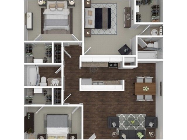 Modern apartment floor plan showcasing three bedrooms, two bathrooms, a sleek open kitchen, and a cozy living-dining area.