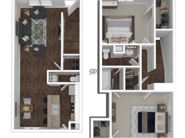 Modern 3D floor plan showcasing a chic 2-bedroom layout with an open-concept living room and kitchen, featuring stylish furnishings and elegant design.