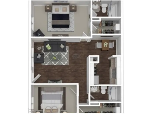 Charming 2-bedroom floor plan featuring an open living area, modern kitchen, and two bathrooms, ideal for comfortable living.