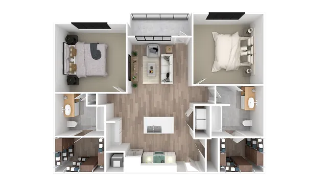 Modern 3D floor plan showcasing an elegant apartment with 2 cozy bedrooms, sleek open-concept living area, stylish kitchen, and dual bathrooms.