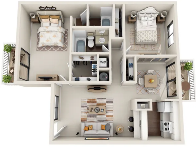 Modern 3D floor plan featuring 2 bedrooms, cozy living area, sleek kitchen, and 2 inviting balconies.