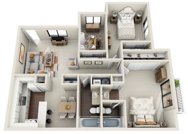 Modern 3D apartment floor plan showcasing two spacious bedrooms, open living area, stylish kitchen, and dual bathrooms, ideal for contemporary living.