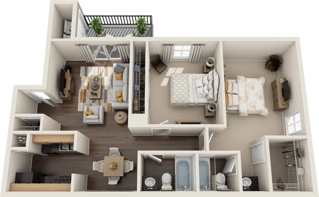 Modern 3D floor plan showcasing 2 bedrooms, cozy living area, stylish kitchen, and private balcony with lush greenery.