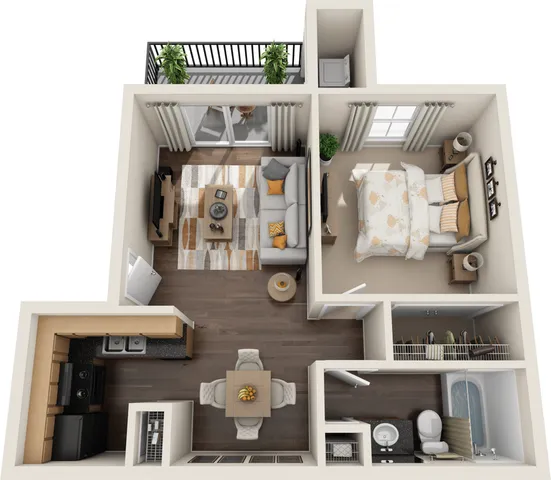 Charming apartment floor plan featuring a cozy bedroom, a stylish living room with balcony access, and a modern kitchen with dining space.