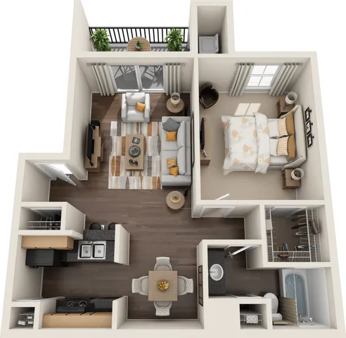 Inviting 3D floor plan illustration showcasing a cozy one-bedroom apartment with a modern living area, sleek kitchen, and private balcony.