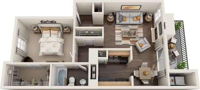 Modern open-concept one-bedroom apartment floor plan featuring a cozy living room with fireplace, spacious kitchen, stylish dining area, and a private balcony.