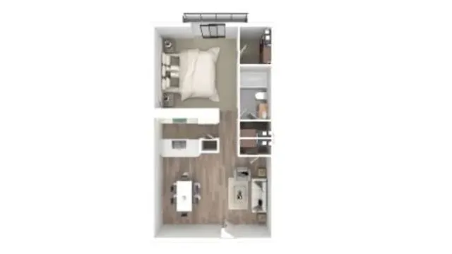 Modern 1-bedroom apartment floor plan with open-concept kitchen and dining area, cozy living space, and efficient bathroom layout.