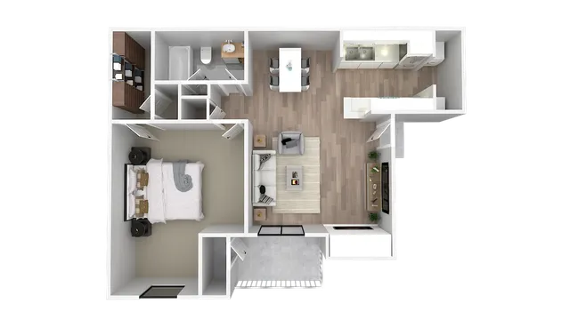 Modern floor plan showcasing one-bedroom apartment with spacious living area, sleek kitchen, and stylish bathroom.