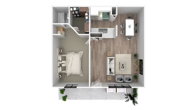 Modern floor plan showcasing a spacious one-bedroom layout with an open-concept living and dining area, stylish kitchen, and a welcoming balcony. Perfect blend of comfort and design for contemporary living.