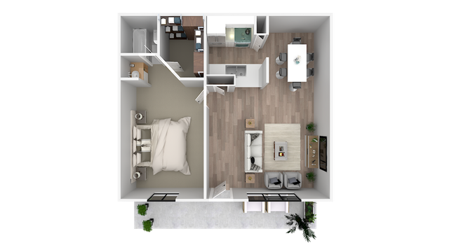 Elegant 1-bedroom apartment floor plan featuring a spacious living area, modern kitchen, and cozy bedroom. Includes a stylish bathroom and private outdoor patio.
