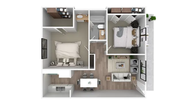 Modern 3D floor plan showcasing a cozy 2-bedroom layout with an open living and dining area, stylish kitchen, and elegant bathrooms.