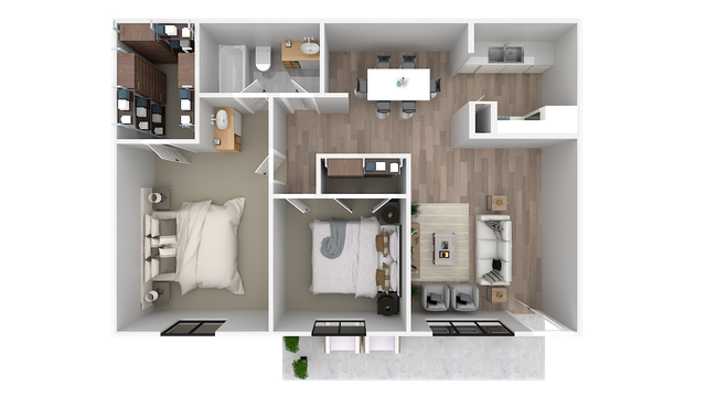 Elegant 3D floor plan showcasing 2 bedrooms, a stylish open living area, modern kitchen, and dining space with sleek flooring.