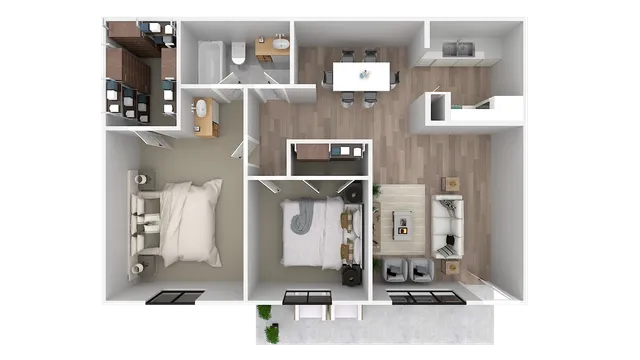 Modern open-concept floor plan showcasing two spacious bedrooms, cozy living room, and elegant kitchen with dining area.