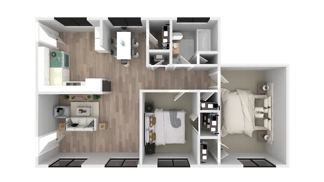 Modern 3D floor plan showcasing two inviting bedrooms, a cozy living area, a sleek kitchen, and a bathroom, all accented with stylish furnishings.