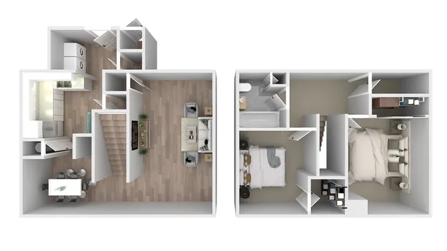 Modern 2D floor plan with inviting open living room, sleek kitchen, and cozy upstairs bedrooms featuring a stylish bathroom.