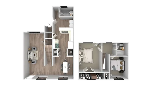 Modern 3D floor plan showcasing a two-story apartment with two bedrooms, elegant living room, open kitchen, and two stylish bathrooms.