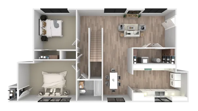 Contemporary 3D floor plan showcasing elegant 2-bedroom layout with an open-concept living area, modern kitchen, and stylish wooden flooring.