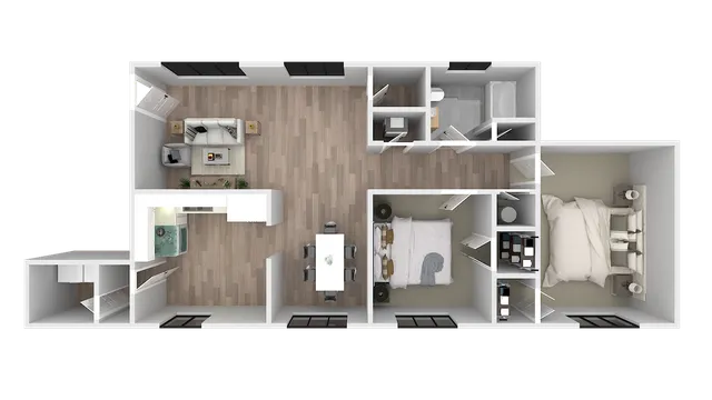 Elegant 2D floor plan showcasing a modern 2-bedroom apartment with open-concept living and dining area, sleek kitchen, and luxurious bathrooms.