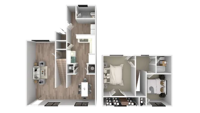 Modern split-level floor plan showcasing 2 spacious bedrooms, cozy living area, and elegant dining space with a contemporary kitchen.