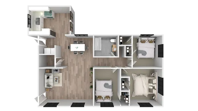 Contemporary 3D floor plan showcasing an elegant apartment with 3 cozy bedrooms, a modern kitchen, stylish dining area, and welcoming living space.