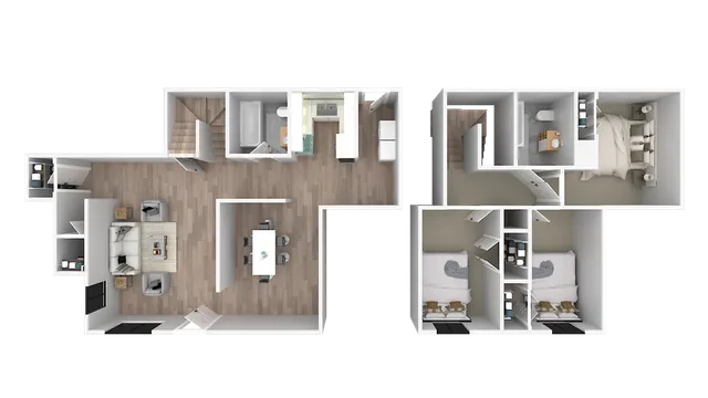 Modern 3D floor plan showcasing a two-story apartment with an open-concept living and dining area, three cozy bedrooms, sleek kitchen, and two bathrooms.