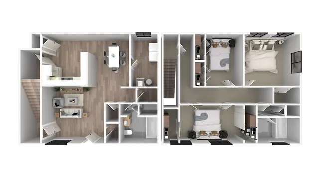 Modern 3D floor plan showcasing two spacious bedrooms, a stylish open-concept living area, and a sleek kitchen with dining space, complete with luxurious bathrooms.