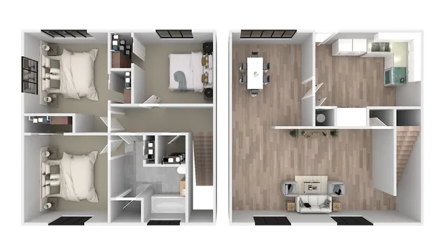 Modern 2D floor plan showcasing a spacious two-level design with three bedrooms, an open-concept living and dining area, and a stylish kitchen.