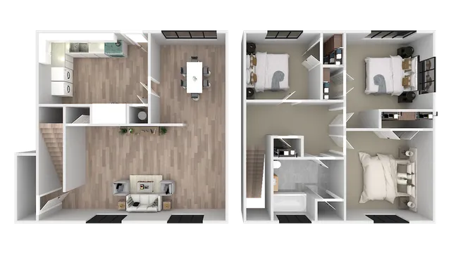 Modern 3D floor plan showcasing two-story apartment with open-concept dining and living area, stylish kitchen, and three cozy bedrooms.