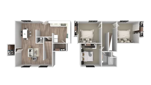 Modern 3D floor plan showcasing an open-concept living room, sleek kitchen with dining area, and three cozy bedrooms.