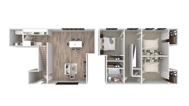 Modern 3D floor plan featuring an open living and dining area, well-equipped kitchen, and two cozy bedrooms with a shared bathroom.
