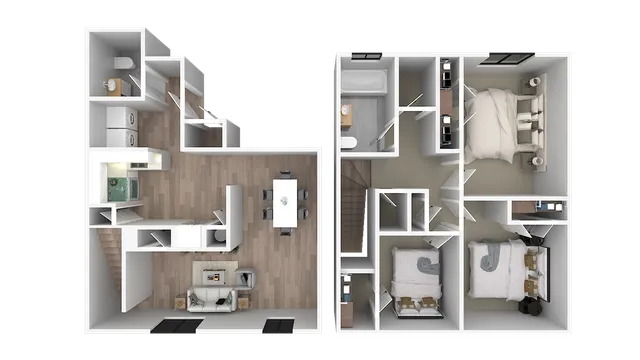 Elegant 3D floor plan showcasing a two-story layout with three cozy bedrooms, an inviting open-concept living and dining area, modern kitchen, and sleek bathroom, perfect for comfortable family living.