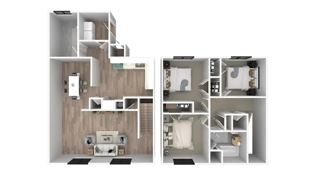 Inviting 3D floor plan showcasing a modern two-bedroom apartment with open-concept living area, stylish dining space, and convenient laundry room.